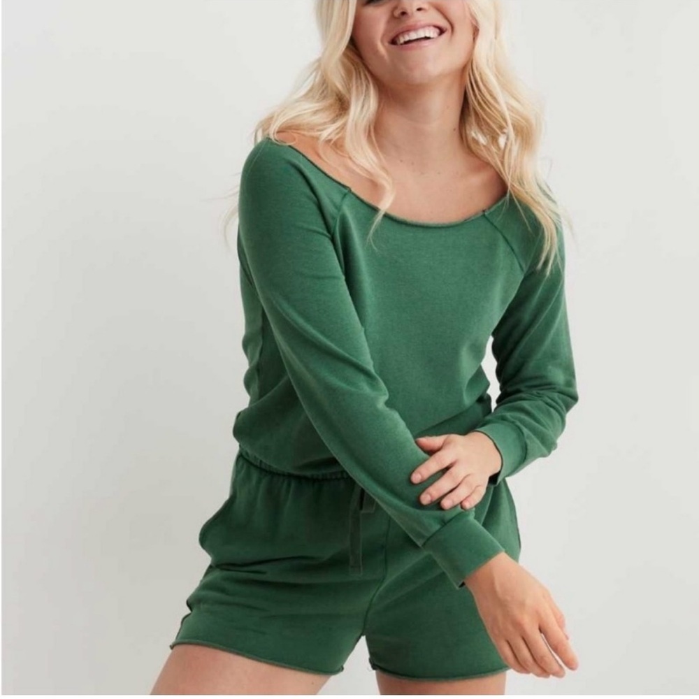 Aerie Green Long Sleeve Terry Cotton Romper